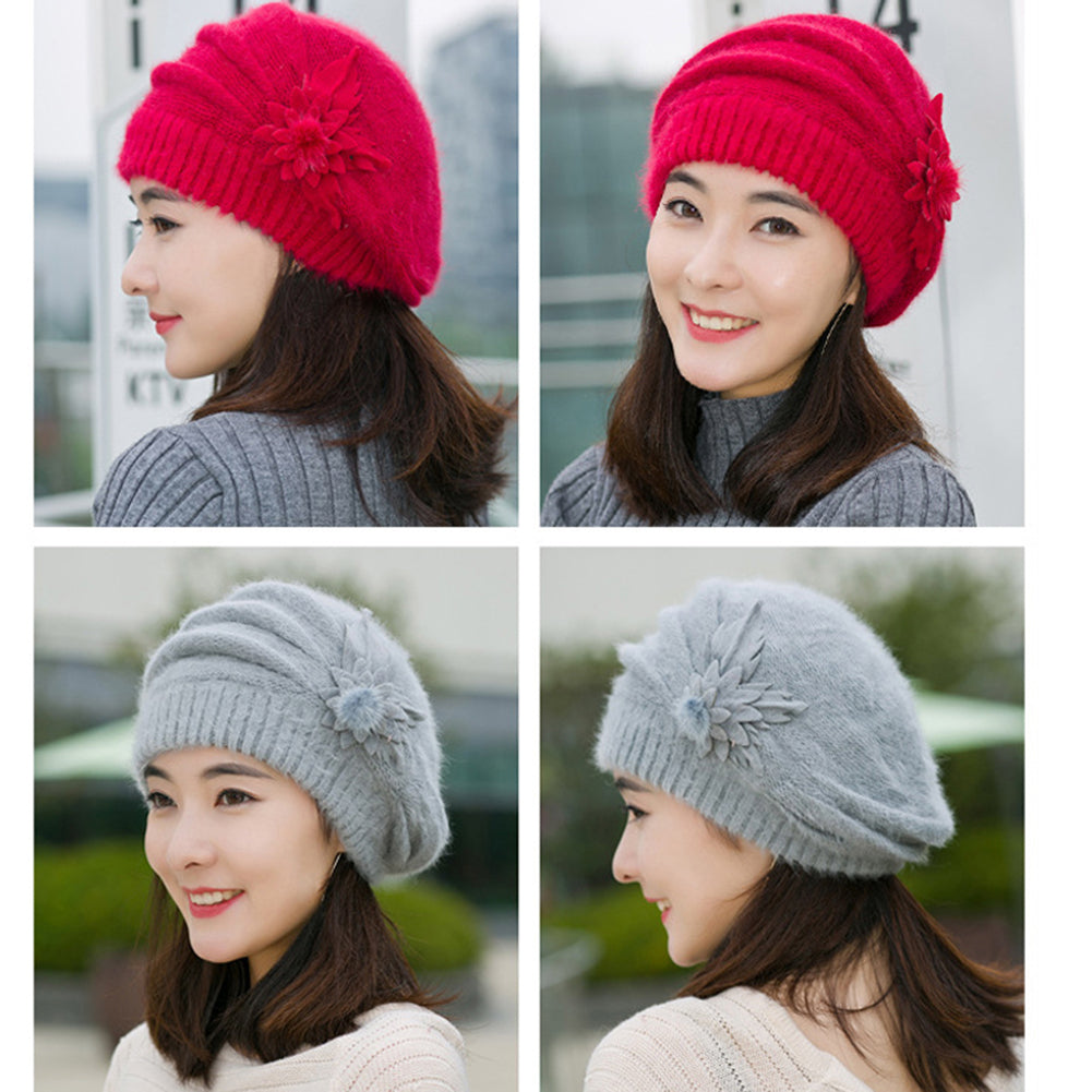 Women Sweet Flower Solid Color Knit Crochet Baggy Beanie Hat Winter Warm Cap