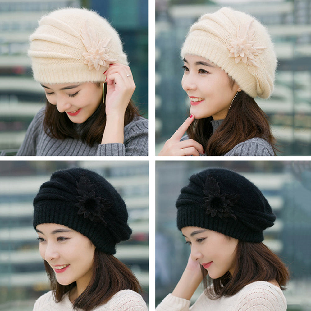 Women Sweet Flower Solid Color Knit Crochet Baggy Beanie Hat Winter Warm Cap