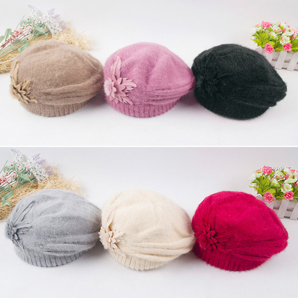 Women Sweet Flower Solid Color Knit Crochet Baggy Beanie Hat Winter Warm Cap