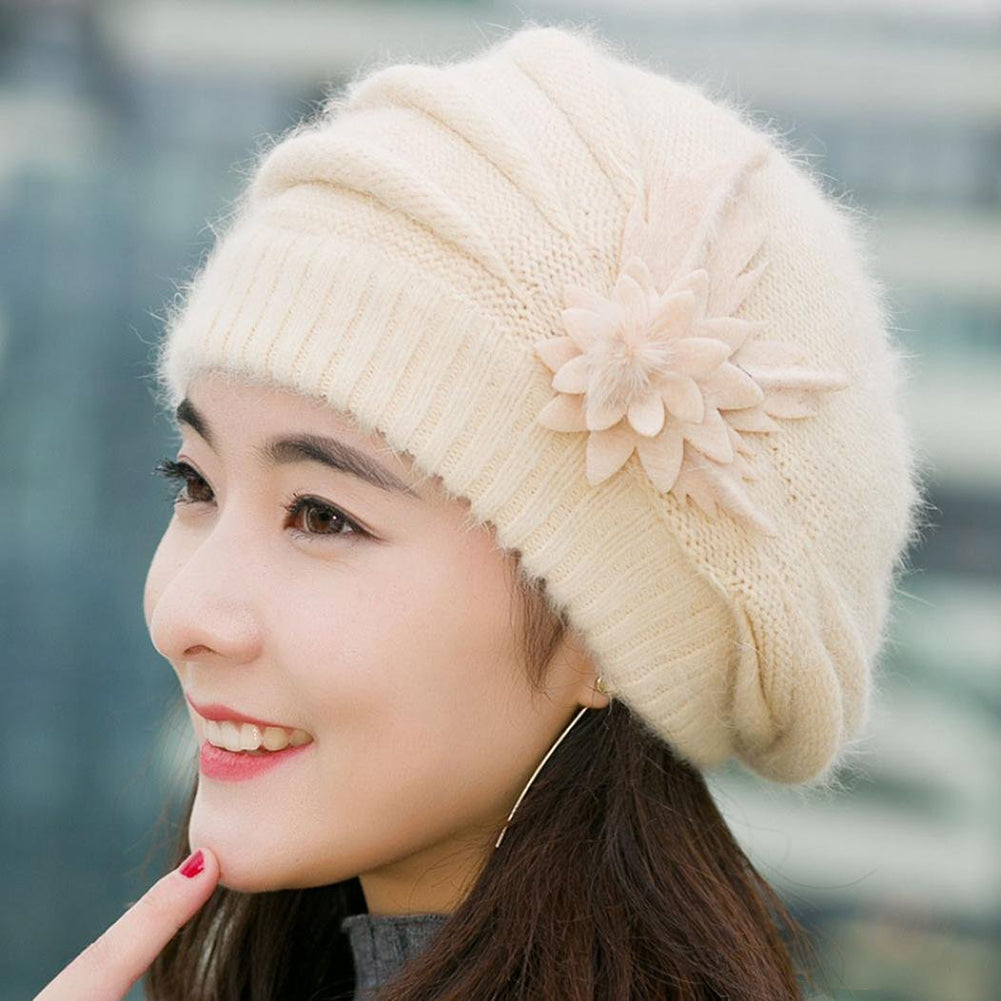 Women Sweet Flower Solid Color Knit Crochet Baggy Beanie Hat Winter Warm Cap