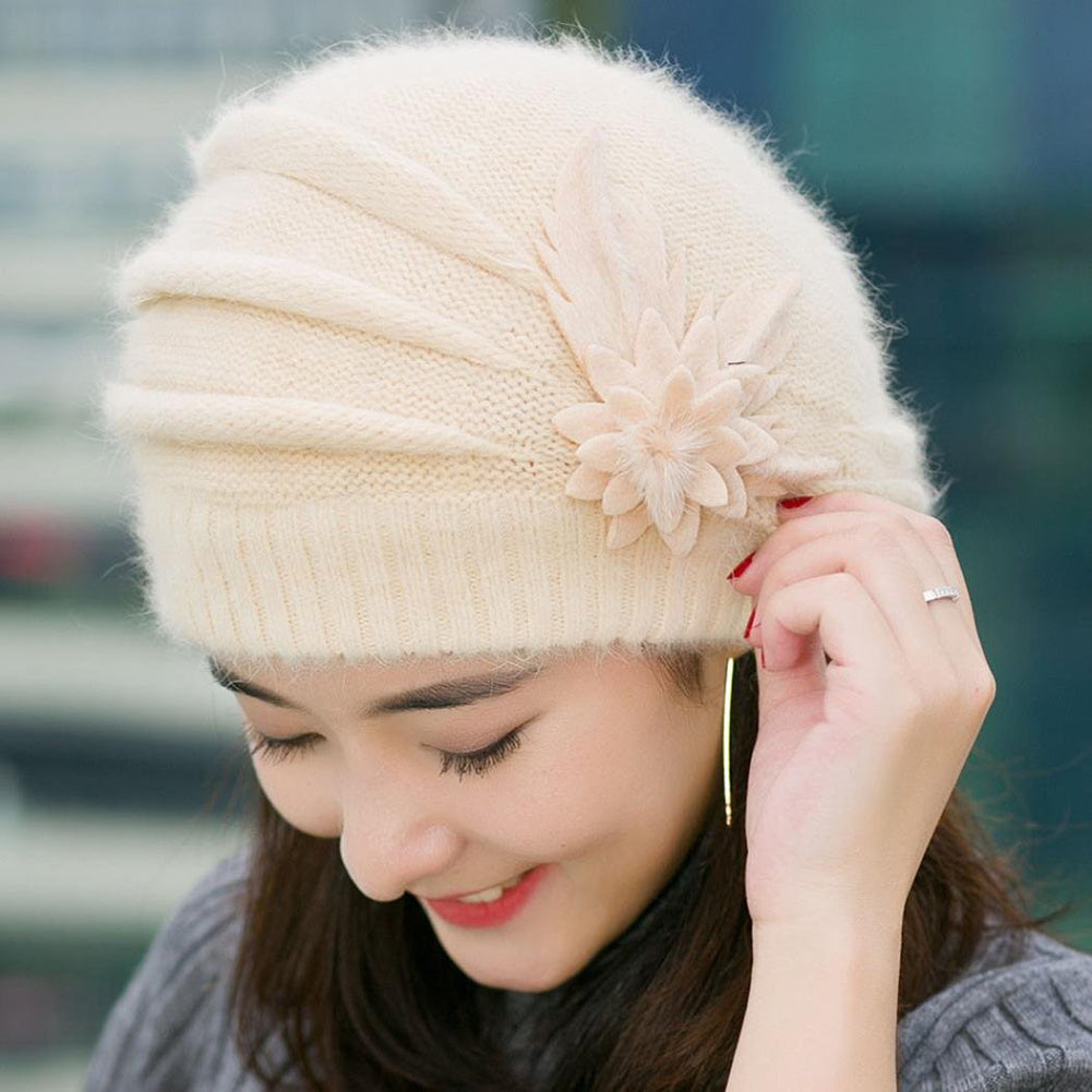 Women Sweet Flower Solid Color Knit Crochet Baggy Beanie Hat Winter Warm Cap