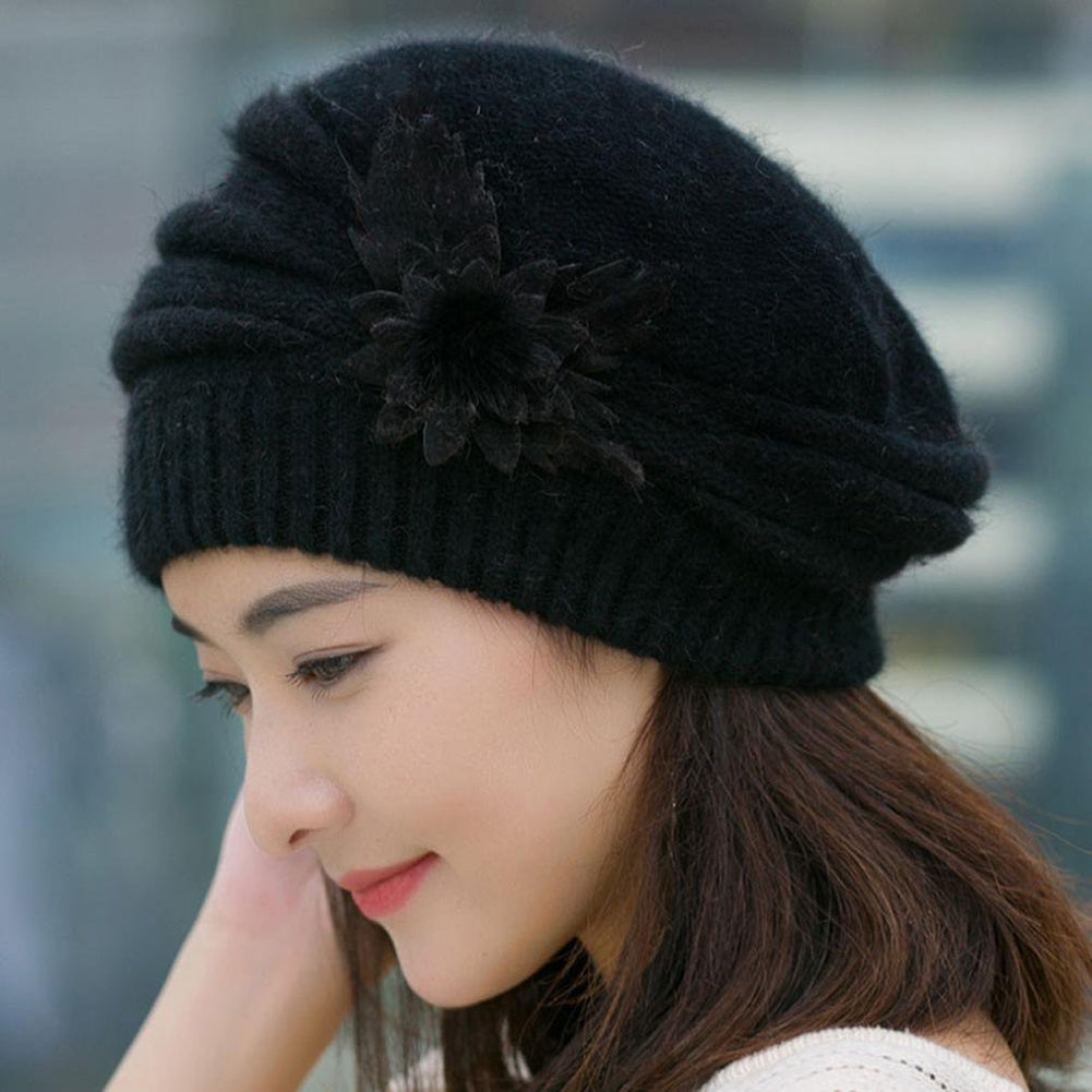 Women Sweet Flower Solid Color Knit Crochet Baggy Beanie Hat Winter Warm Cap