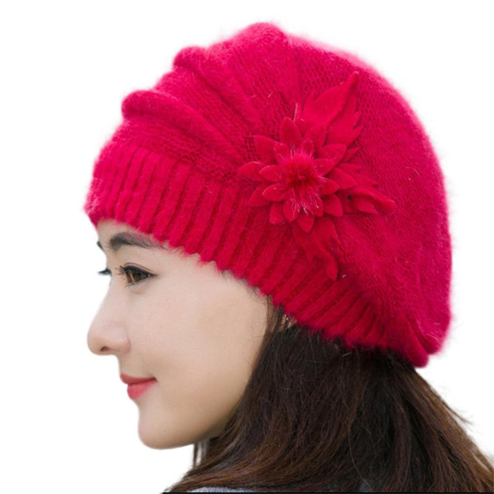 Women Sweet Flower Solid Color Knit Crochet Baggy Beanie Hat Winter Warm Cap