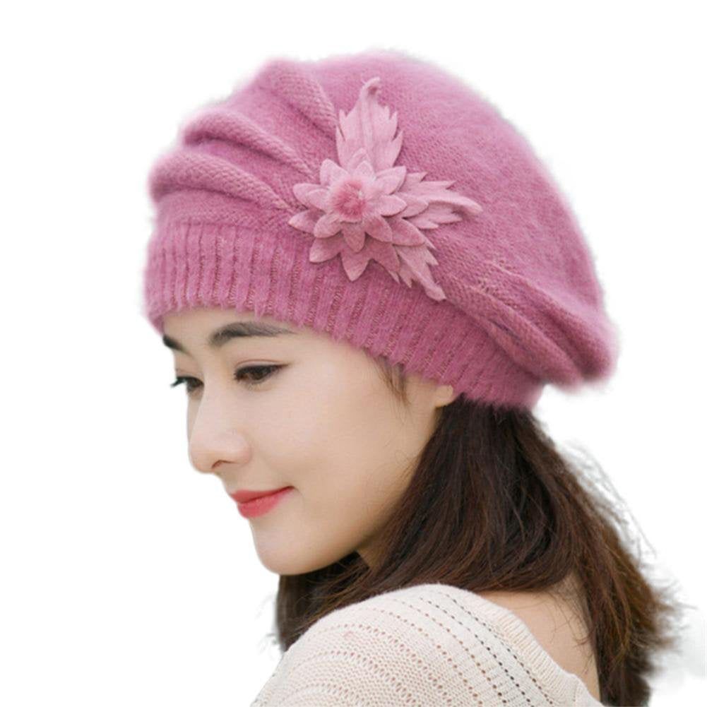 Women Sweet Flower Solid Color Knit Crochet Baggy Beanie Hat Winter Warm Cap