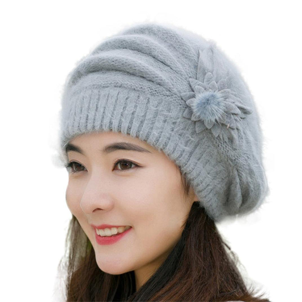 Women Sweet Flower Solid Color Knit Crochet Baggy Beanie Hat Winter Warm Cap