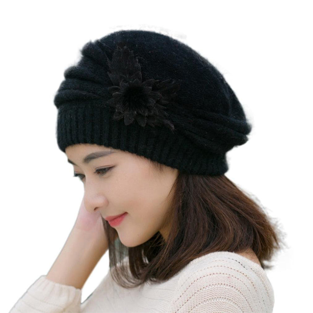 Women Sweet Flower Solid Color Knit Crochet Baggy Beanie Hat Winter Warm Cap