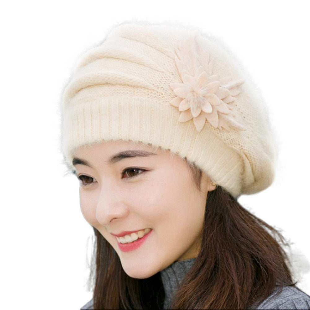 Women Sweet Flower Solid Color Knit Crochet Baggy Beanie Hat Winter Warm Cap