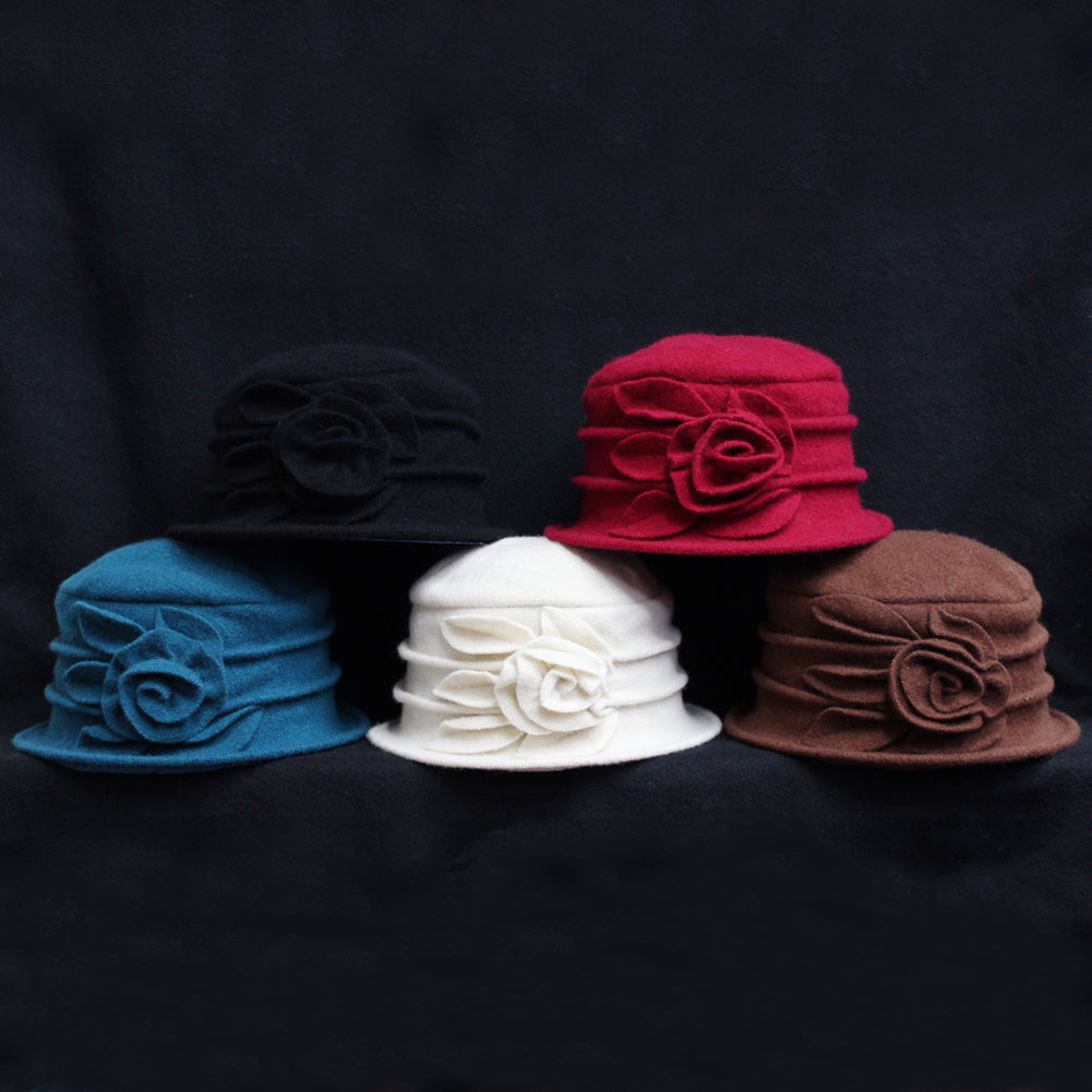 Vintage Women Wool Church Cloche Flapper Hat Lady Bucket Winter Flower Cap