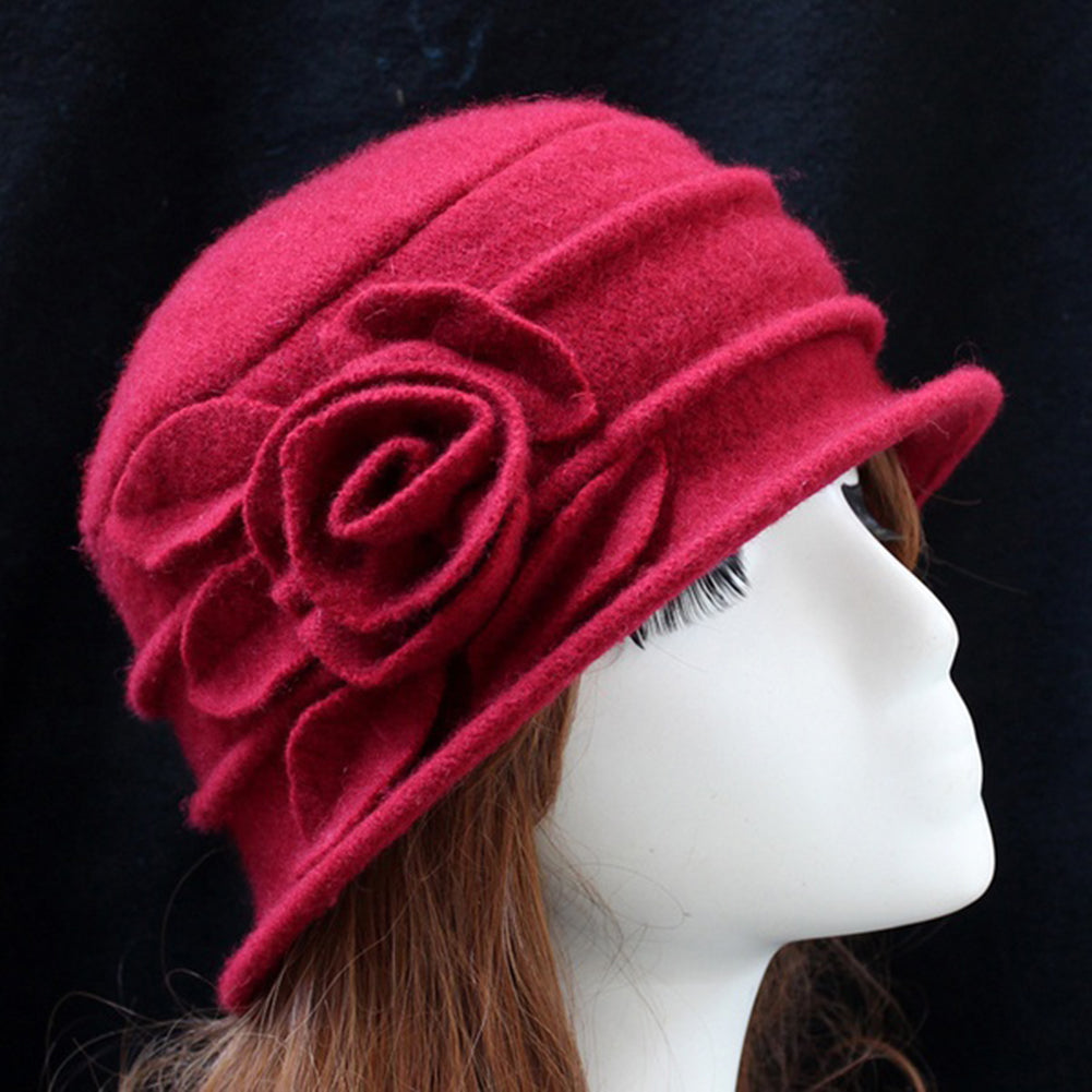 Vintage Women Wool Church Cloche Flapper Hat Lady Bucket Winter Flower Cap