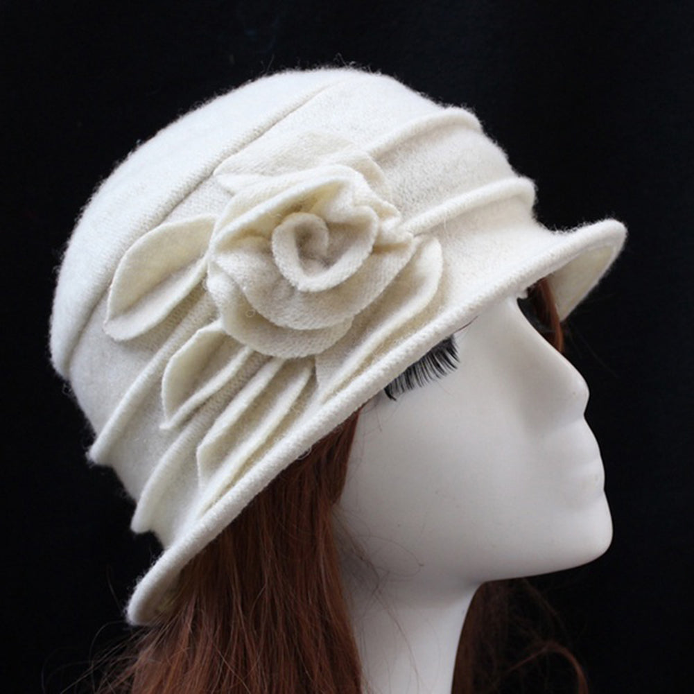 Vintage Women Wool Church Cloche Flapper Hat Lady Bucket Winter Flower Cap