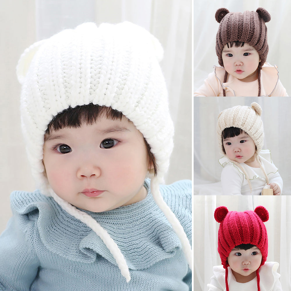 Bear Ears Cute Baby Hat Newborn Beanie Winter Warm Solid Color Knitted Cap
