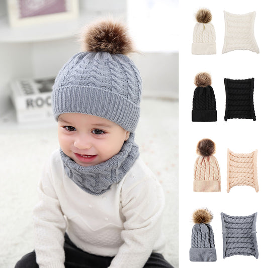 Lovely Baby Pompom Woolen Yarn Knitted Winter Warm Beanie Cap Hat Scarf Set