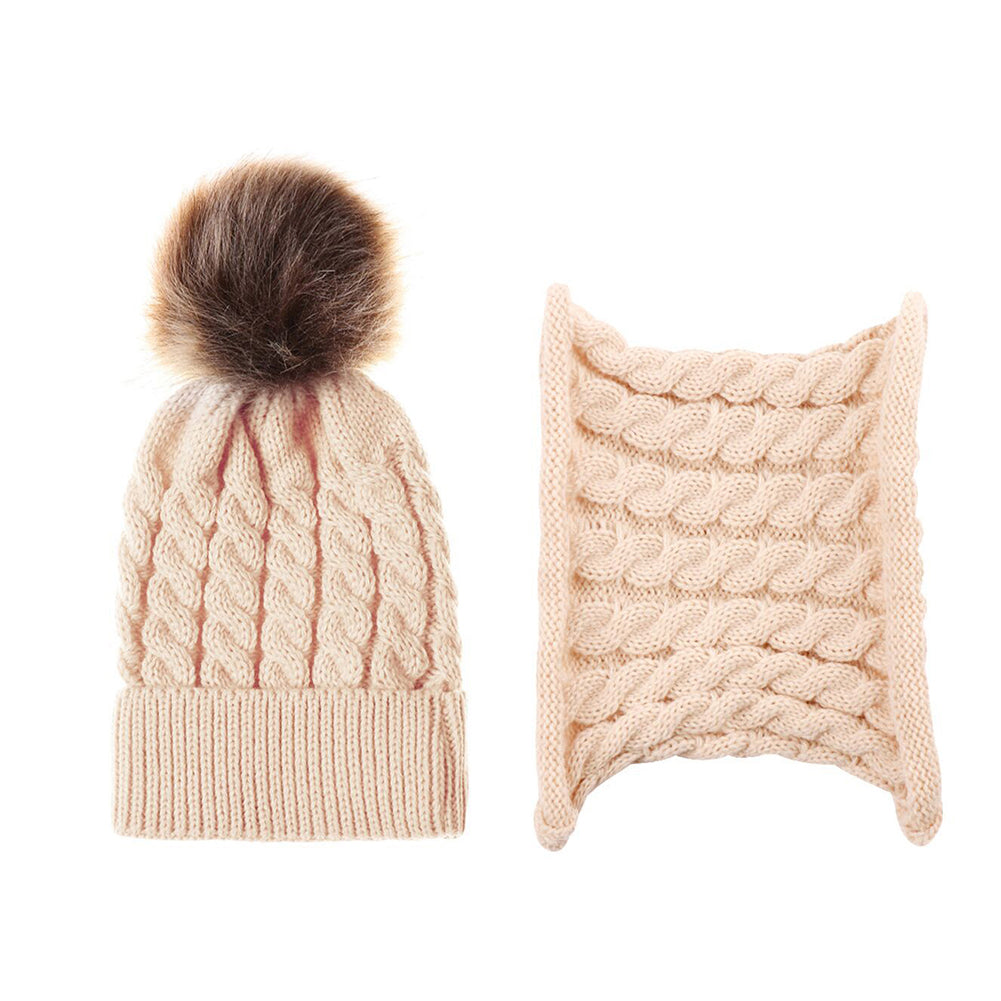 Lovely Baby Pompom Woolen Yarn Knitted Winter Warm Beanie Cap Hat Scarf Set