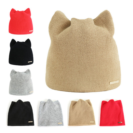 Lovely Cat Ears Solid Color Women Knitted Beanie Cap Head Warmer Outdoor Hat