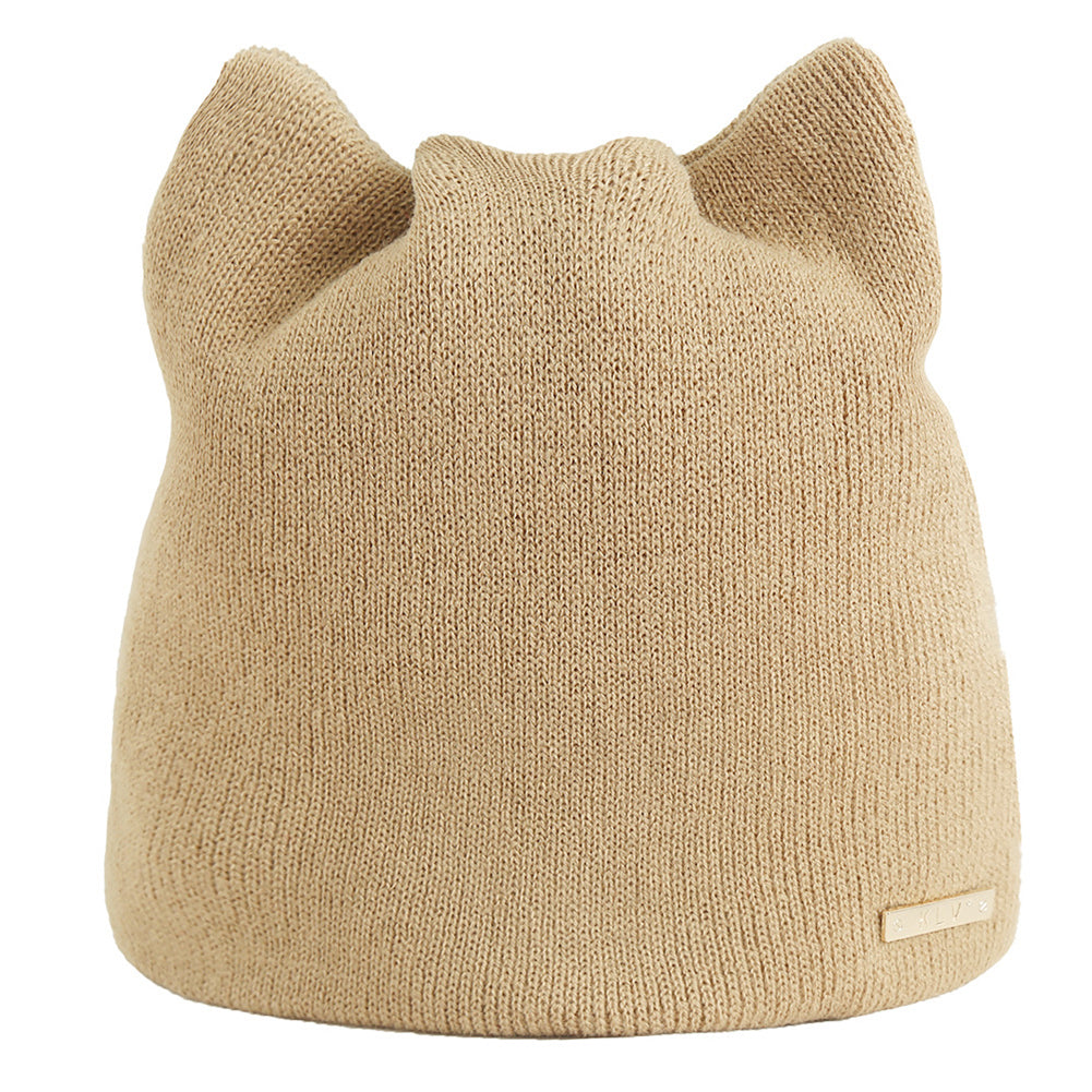 Lovely Cat Ears Solid Color Women Knitted Beanie Cap Head Warmer Outdoor Hat