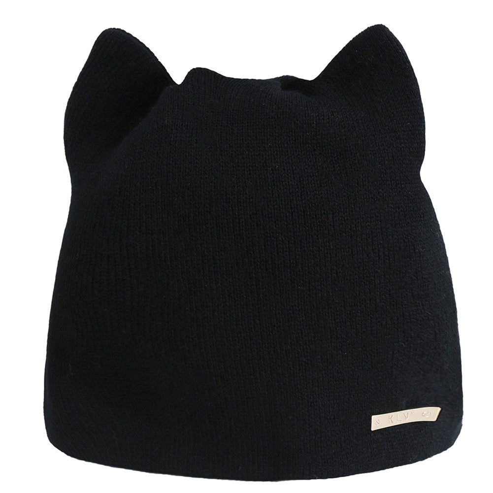Lovely Cat Ears Solid Color Women Knitted Beanie Cap Head Warmer Outdoor Hat