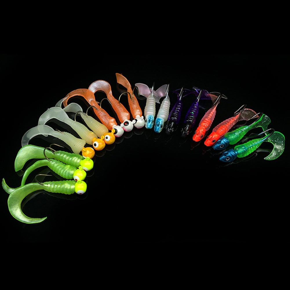 17Pcs Silicone Fishing Lure Lead Jig Head Hook Artificial Worm Soft Baits Tackle