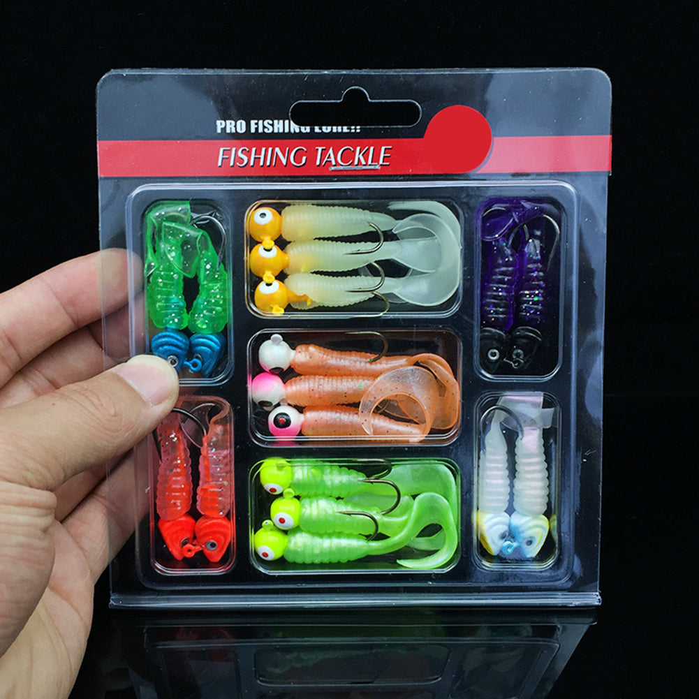 17Pcs Silicone Fishing Lure Lead Jig Head Hook Artificial Worm Soft Baits Tackle