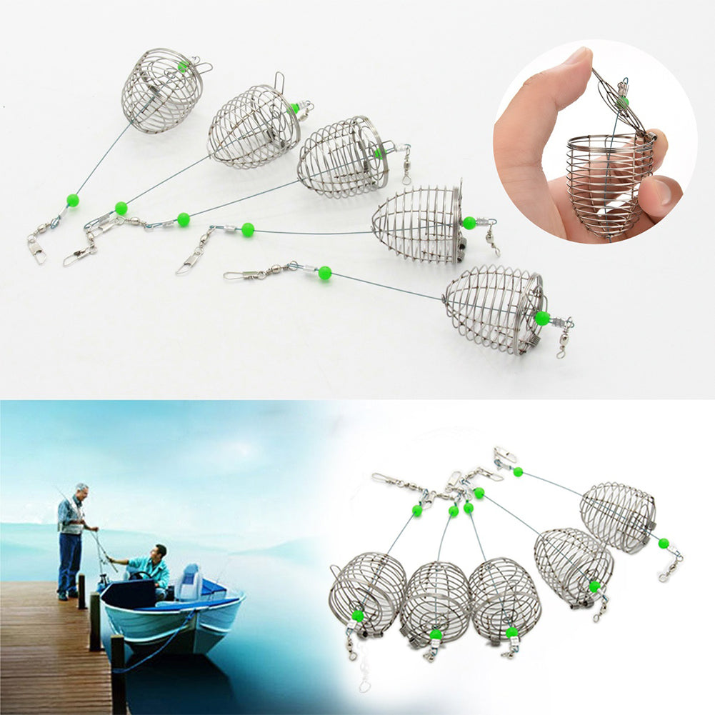 5Pcs Fishing Holder Baskets Stainless Steel Fish Lure Cage Trap Bait Feeder