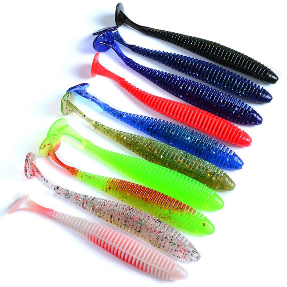 10Pcs Soft Faux Worm Baits T Tail Fly Fishing Tackle Silicone Rubber Fish Lure