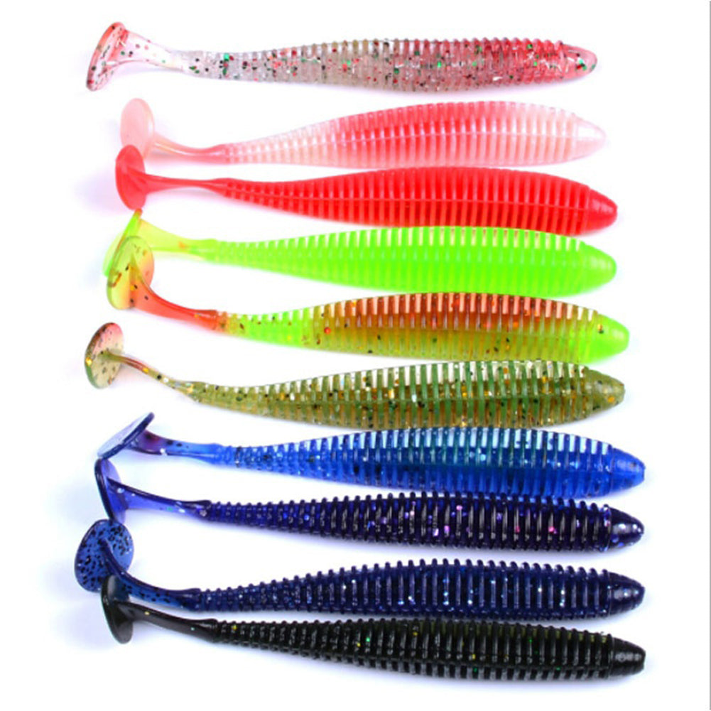 10Pcs Soft Faux Worm Baits T Tail Fly Fishing Tackle Silicone Rubber Fish Lure