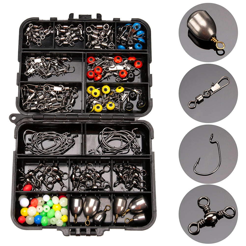 160Pcs Fishing Jig Hook Sinker Swivel Bead Fish Tackle Accessories Set with Box