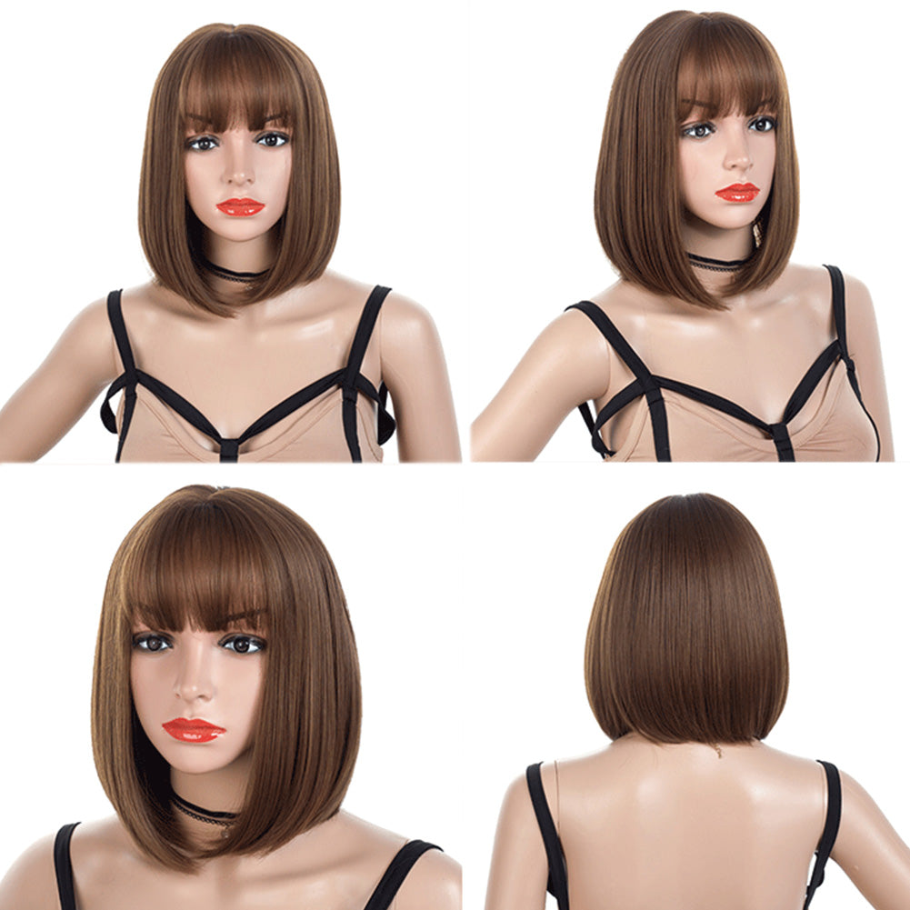 Silky Chemical Fiber Light Brown Straight Bob Women Wig with Forehead Bangs