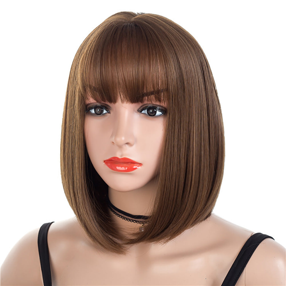 Silky Chemical Fiber Light Brown Straight Bob Women Wig with Forehead Bangs