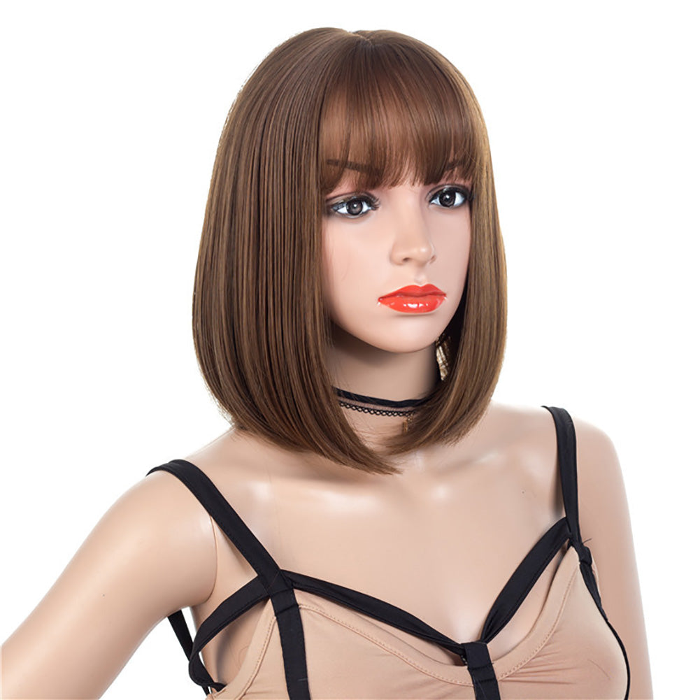 Silky Chemical Fiber Light Brown Straight Bob Women Wig with Forehead Bangs