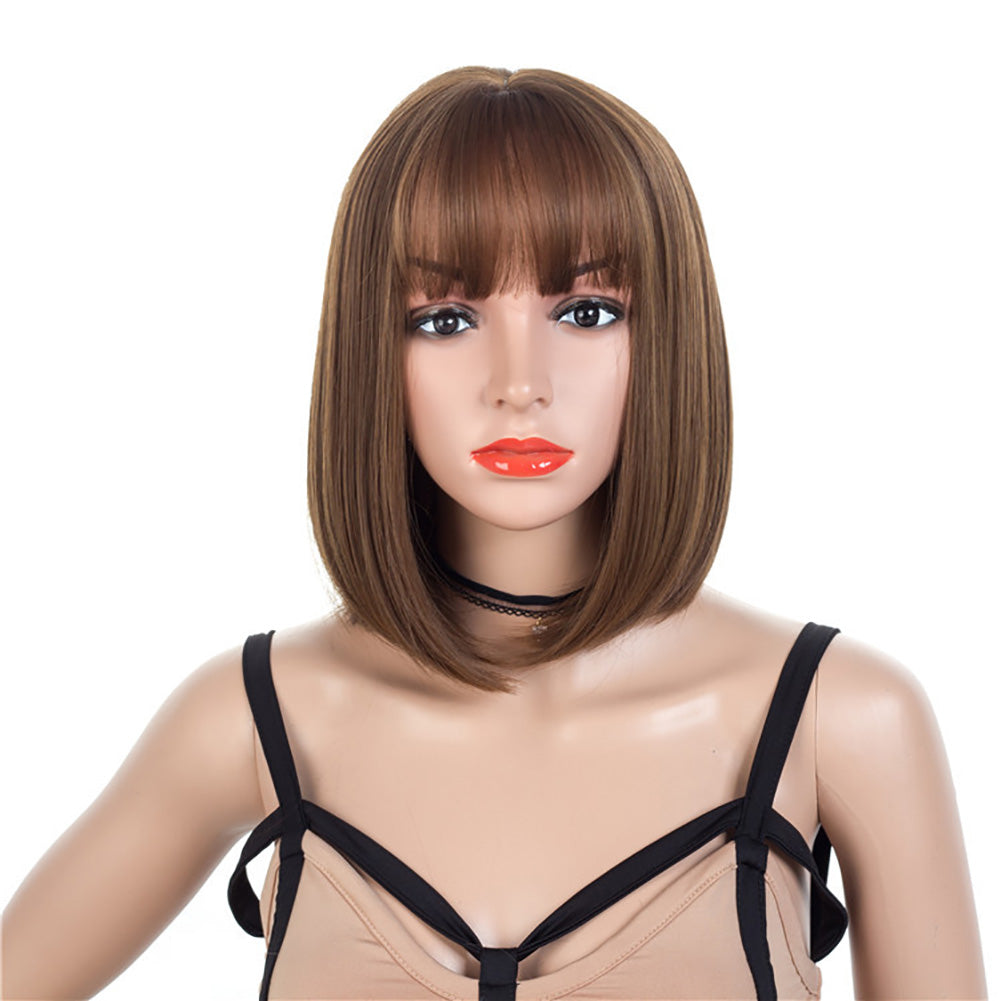 Silky Chemical Fiber Light Brown Straight Bob Women Wig with Forehead Bangs