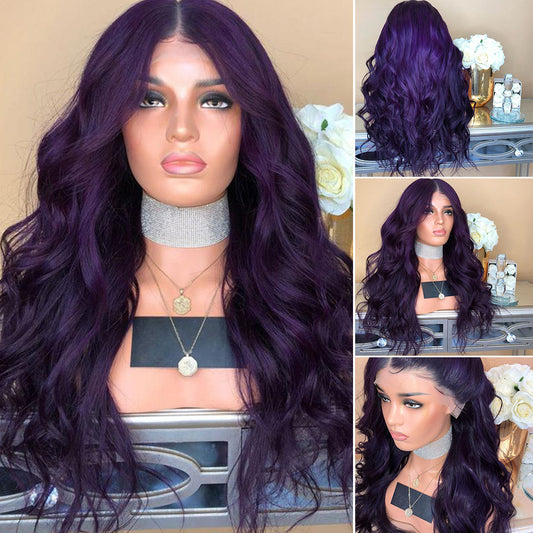 Dark Purple Central Parting Curly Long Wig Faux Hair Women Cosplay Hairpiece