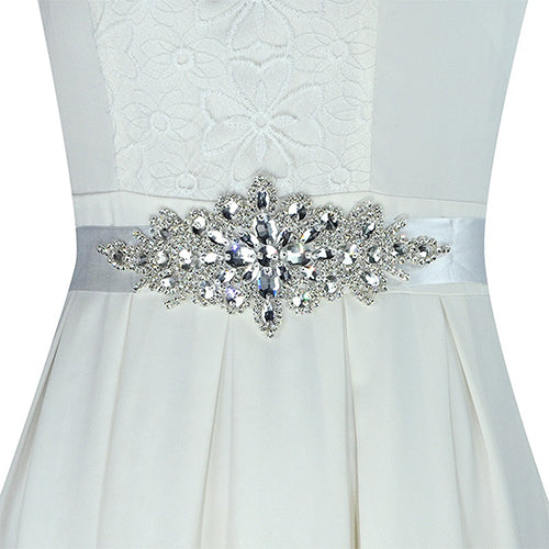 Rhinestone Bridal Sash Waist Belt with White Satin Ribbon for Wedding Dress