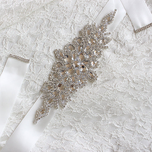 Rhinestone Bridal Sash Waist Belt with White Satin Ribbon for Wedding Dress