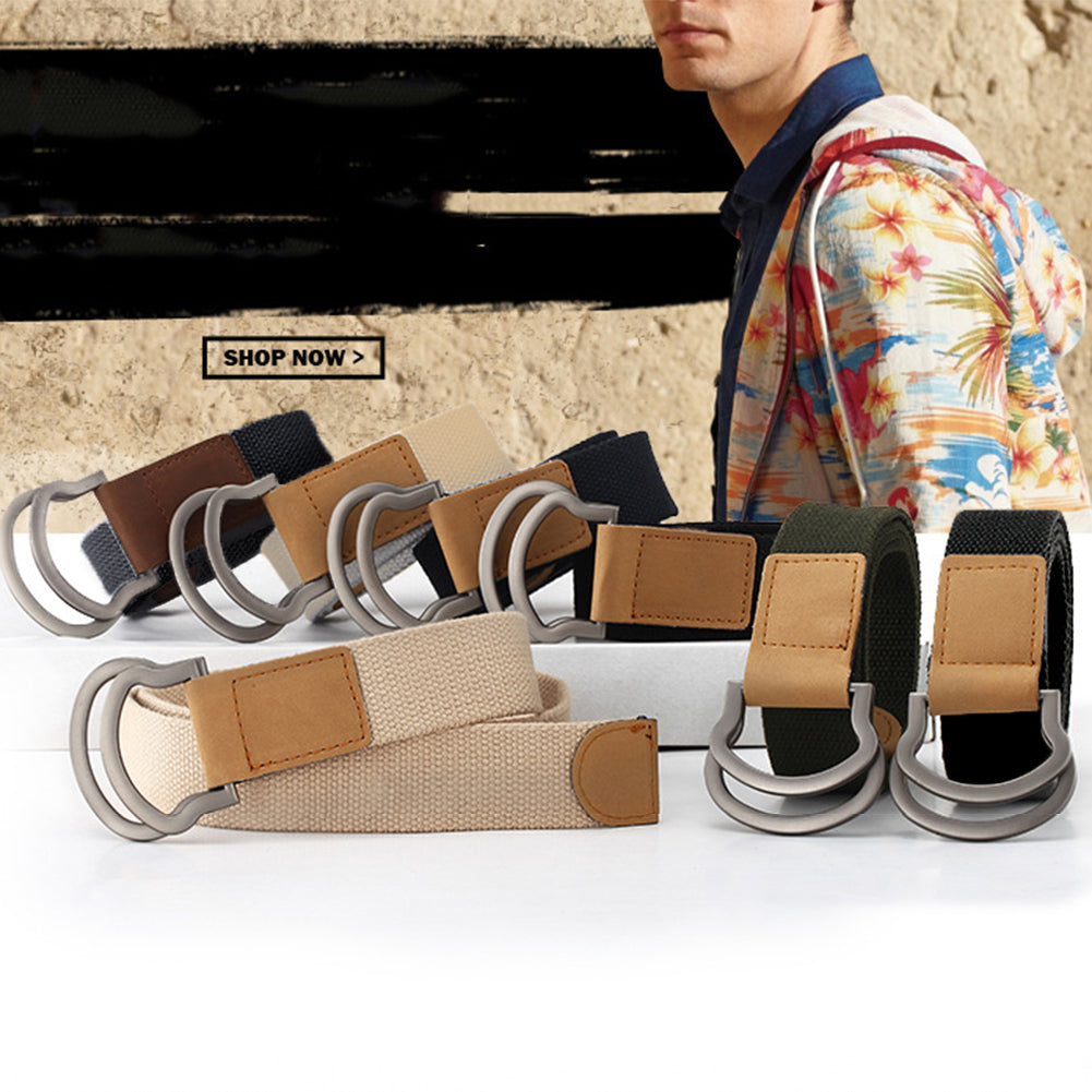Fashion Casual Men Women Tactical Canvas Belt Double Ring Buckle Waist Strap