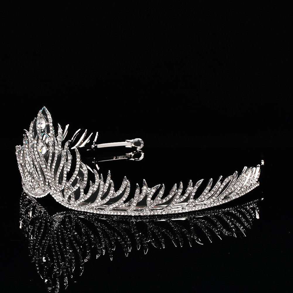 Rhinestone Feather Crown Women Princess Bride Headband Tiara Wedding Headwear
