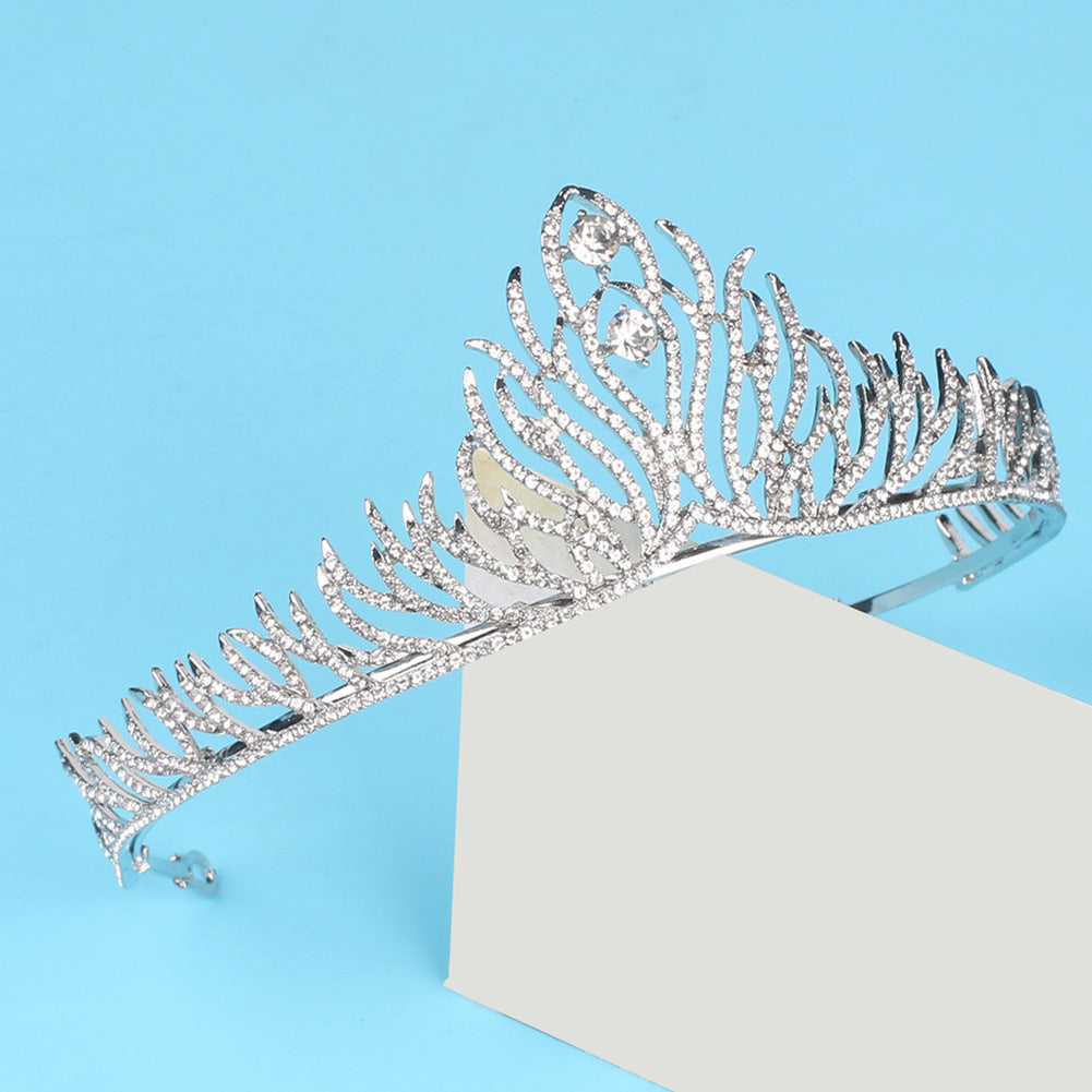 Rhinestone Feather Crown Women Princess Bride Headband Tiara Wedding Headwear