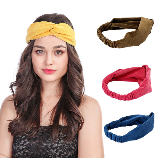 Sports Women Solid Color Corduroy Crossed Headband Elastic Hair Band Headwear