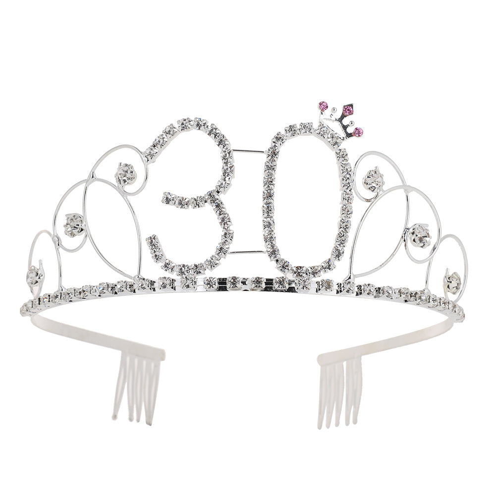 Elegant Women Hollow Rhinestone Inlaid Number 30 Tiara Crown Princess Comb Pin
