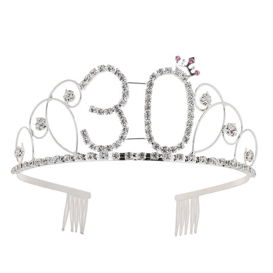 Elegant Women Hollow Rhinestone Inlaid Number 30 Tiara Crown Princess Comb Pin