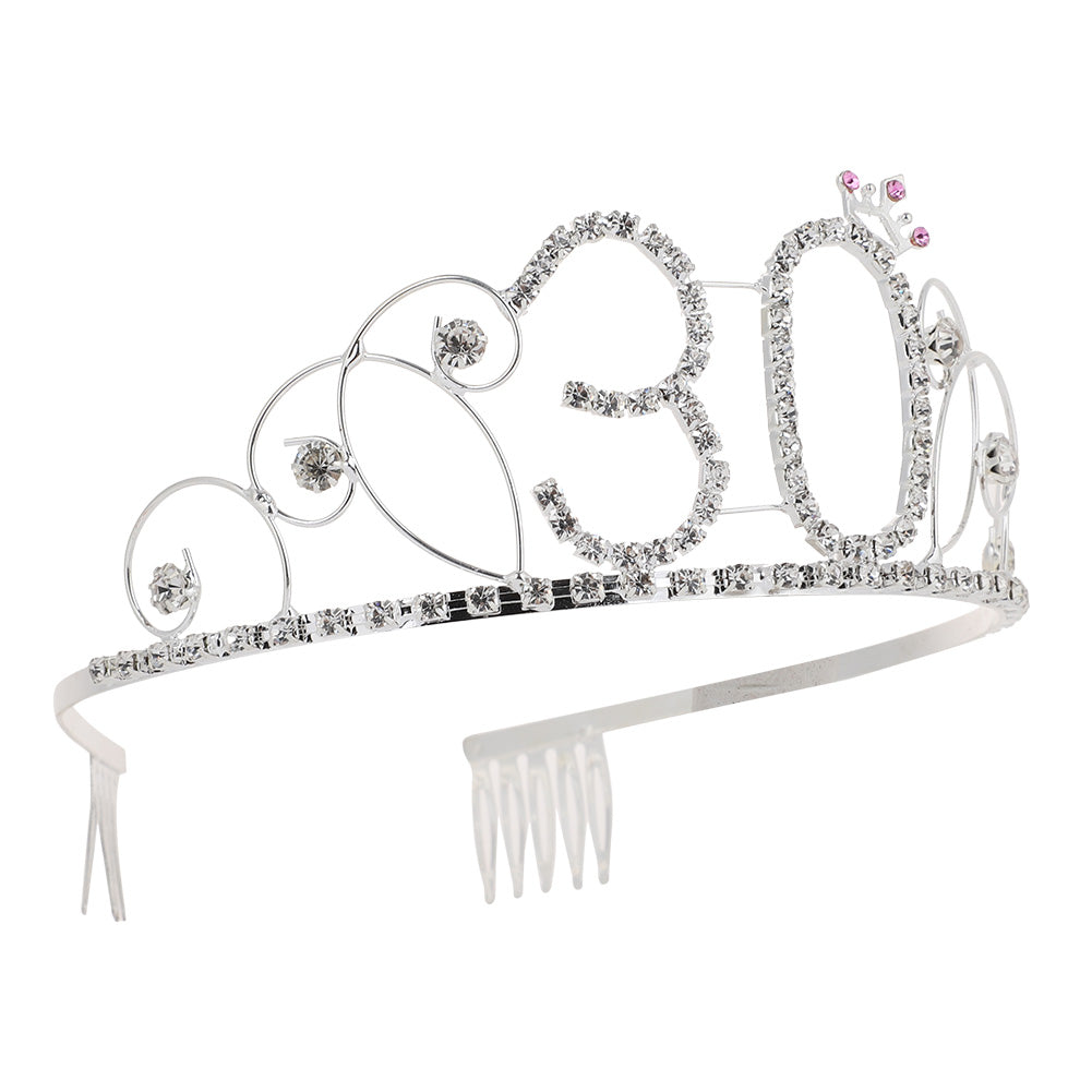 Elegant Women Hollow Rhinestone Inlaid Number 30 Tiara Crown Princess Comb Pin