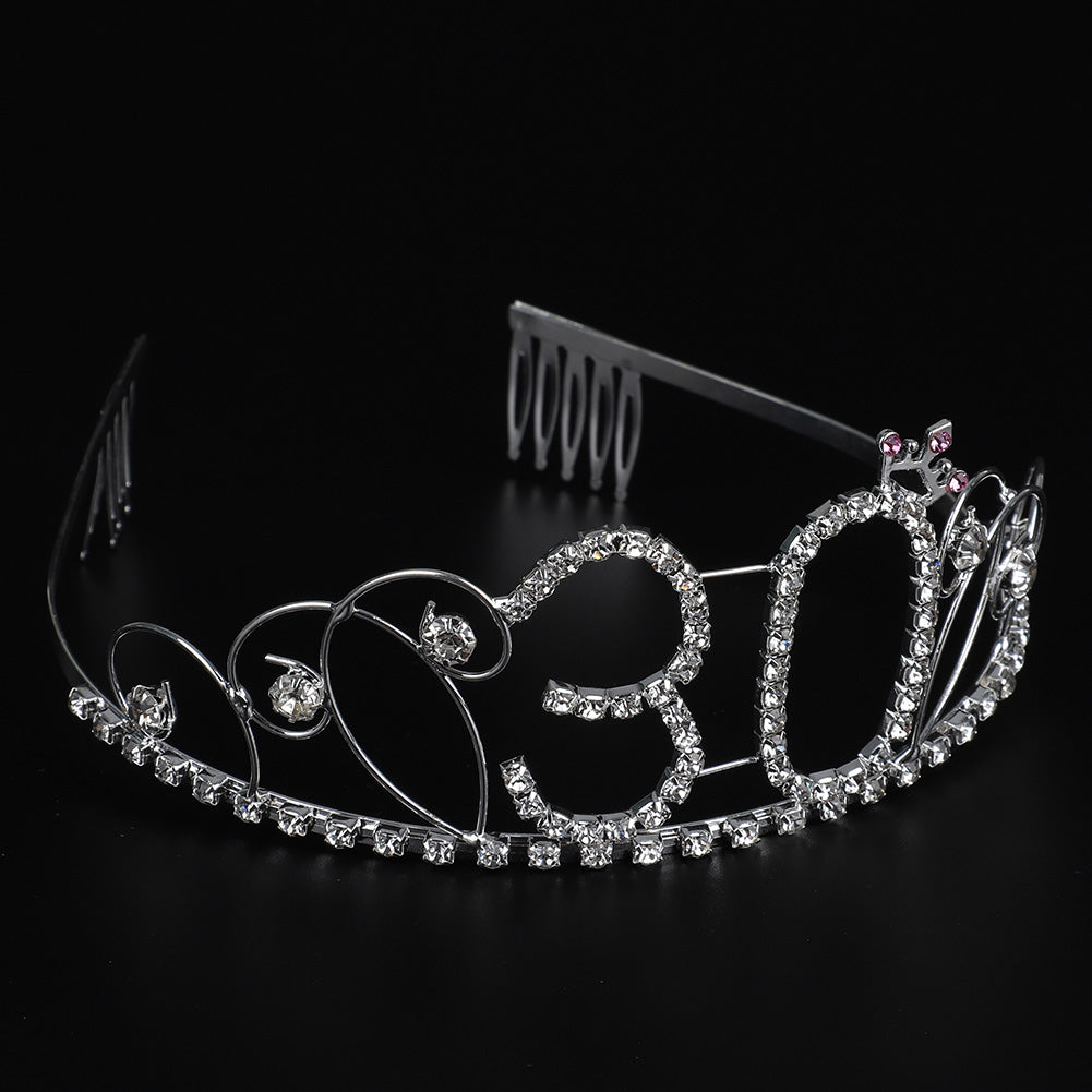 Elegant Women Hollow Rhinestone Inlaid Number 30 Tiara Crown Princess Comb Pin