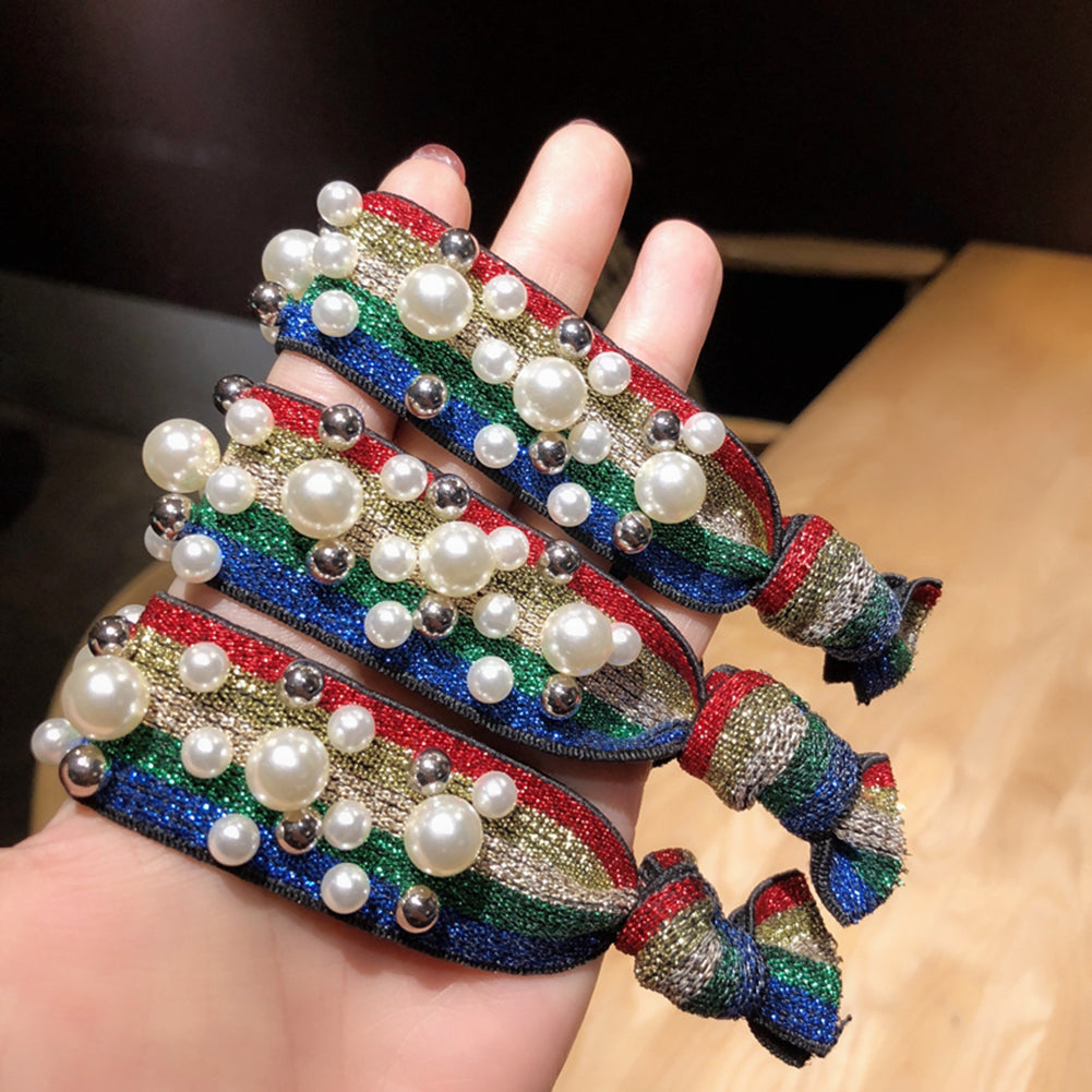 Fashion Colorful Faux Pearls Beads Elastic Women Hair Rope Tie Ponytail Holder