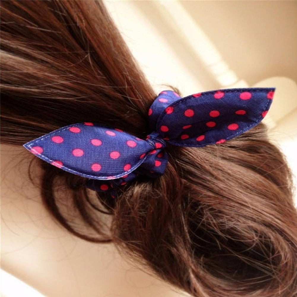 Girl Fashion Polka Dot Rabbit Ears Decor Hair Rope Band Scrunchy Ponytail Holder