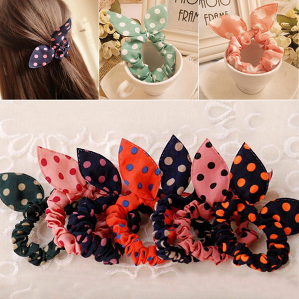 Girl Fashion Polka Dot Rabbit Ears Decor Hair Rope Band Scrunchy Ponytail Holder