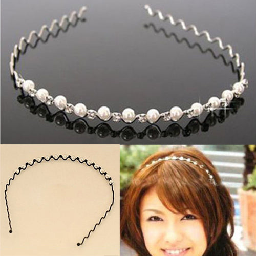 Korean Fashion Rhinestone Faux Pearl Wave Pattern Hairpin Hair Band Headband