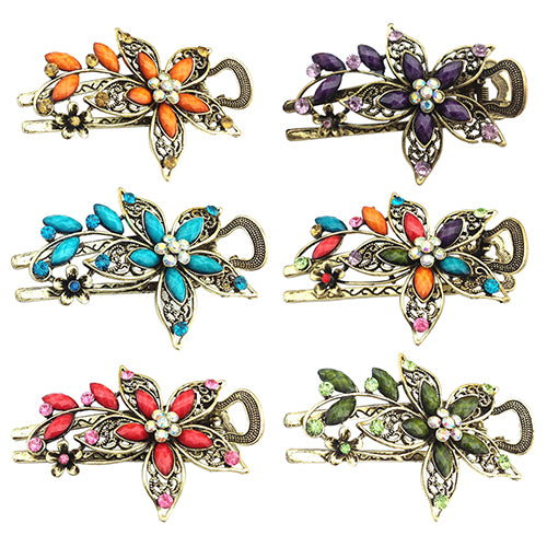 Women Retro Style Flower Bronze Tone Hairpin Rhinestone Alloy Duckbill Hair Clip