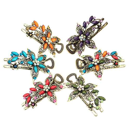 Women Retro Style Flower Bronze Tone Hairpin Rhinestone Alloy Duckbill Hair Clip