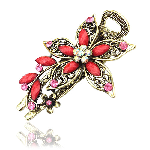 Women Retro Style Flower Bronze Tone Hairpin Rhinestone Alloy Duckbill Hair Clip