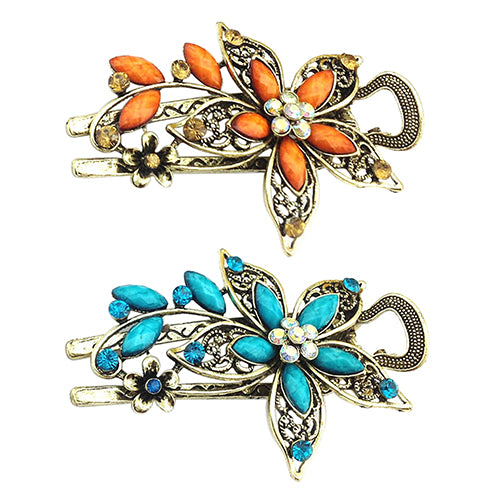 Women Retro Style Flower Bronze Tone Hairpin Rhinestone Alloy Duckbill Hair Clip