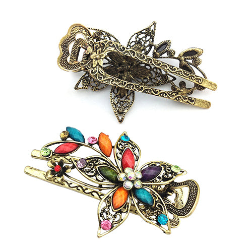 Women Retro Style Flower Bronze Tone Hairpin Rhinestone Alloy Duckbill Hair Clip